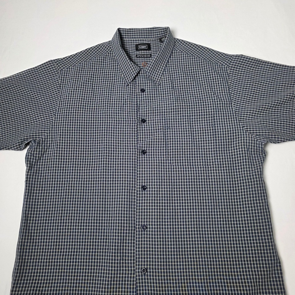 Haggar Button Up Shirt Mens Large Blue Check Short Sleeve Performance Wear